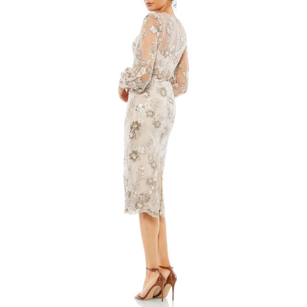 NEW MAC DUGGAL embellished high neck illusion long sleeve midi dress in mocha - Picture 3 of 6